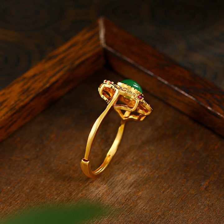 Kupfer Ring Chalcedon Hohlmuster Stärke Grüner Stein Feng Shui Kraft