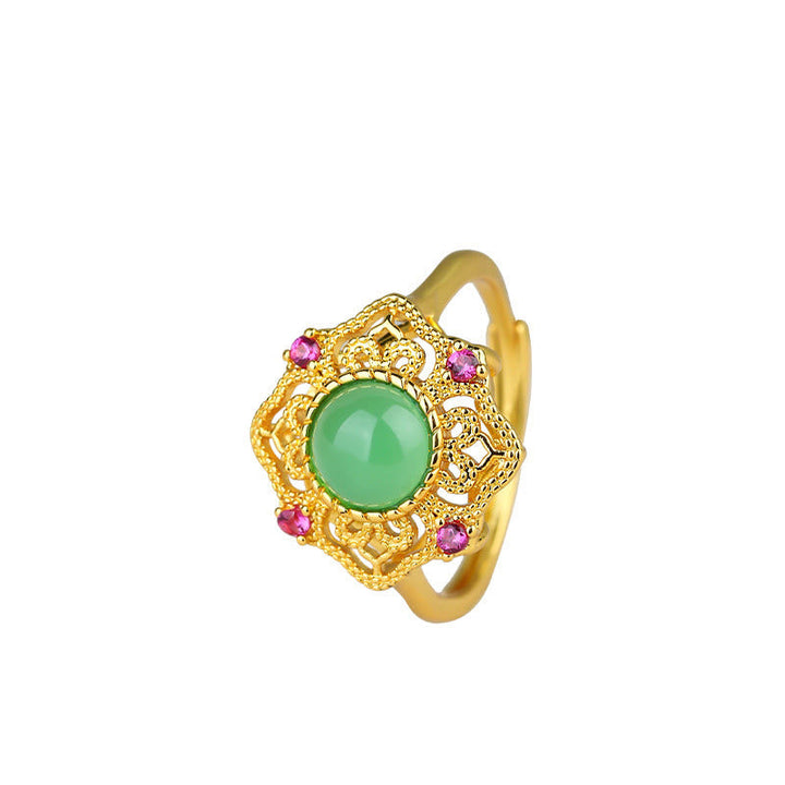 Chalcedon Ring Hohlmuster Goldfiligran Rosa Steine mystische Stärke