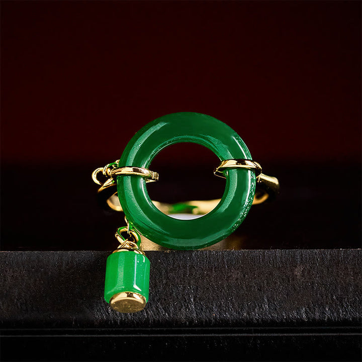 Grüner Chalcedon Ring Schnalle Frieden Stärke Glück Schutz Fengshui Kupfer