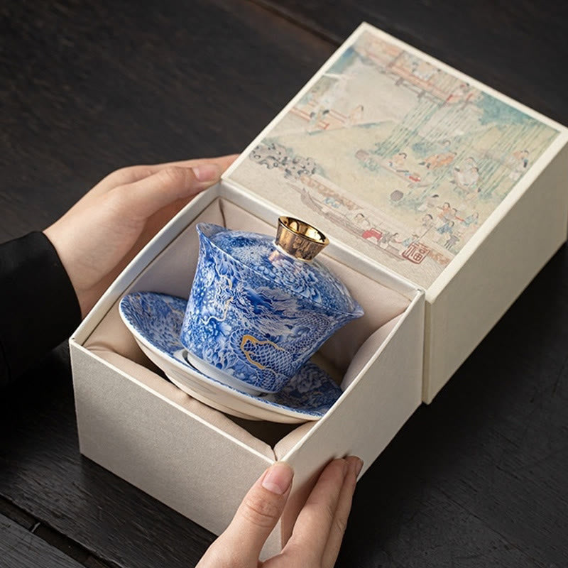 Chinesische Teetassen Drache Gaiwan Sancai Keramik Deko