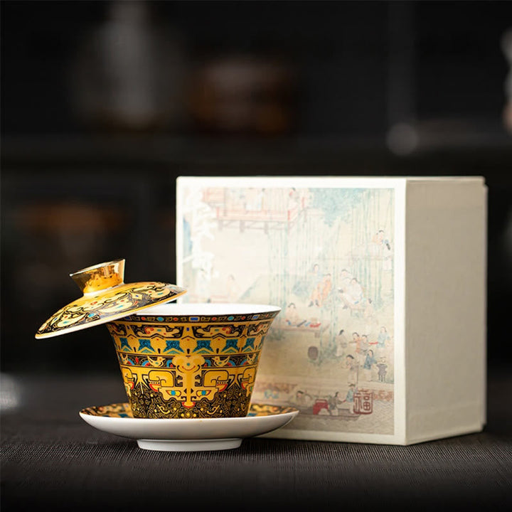 Chinesische Teetassen Drache Gaiwan Sancai Keramik Handarbeit