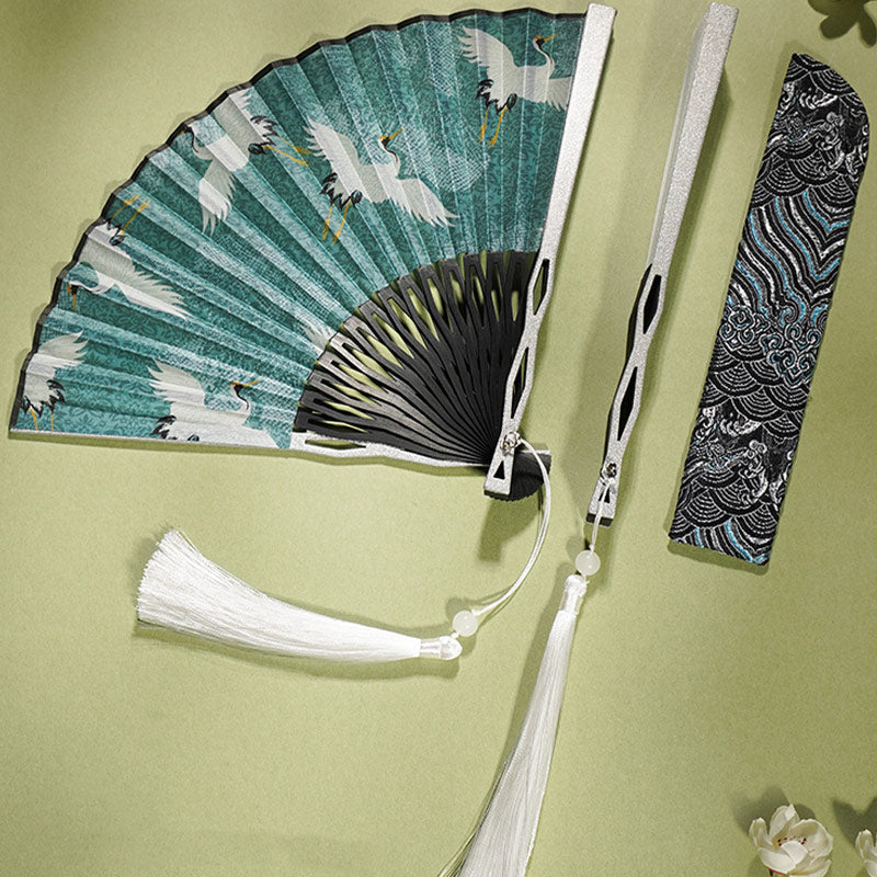 Chinesischer Handfächer Kranich Blau Weiß Deko