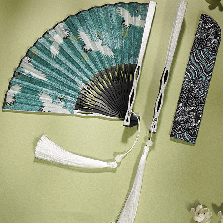 Chinesischer Handfächer Kranich Blau Weiß Deko