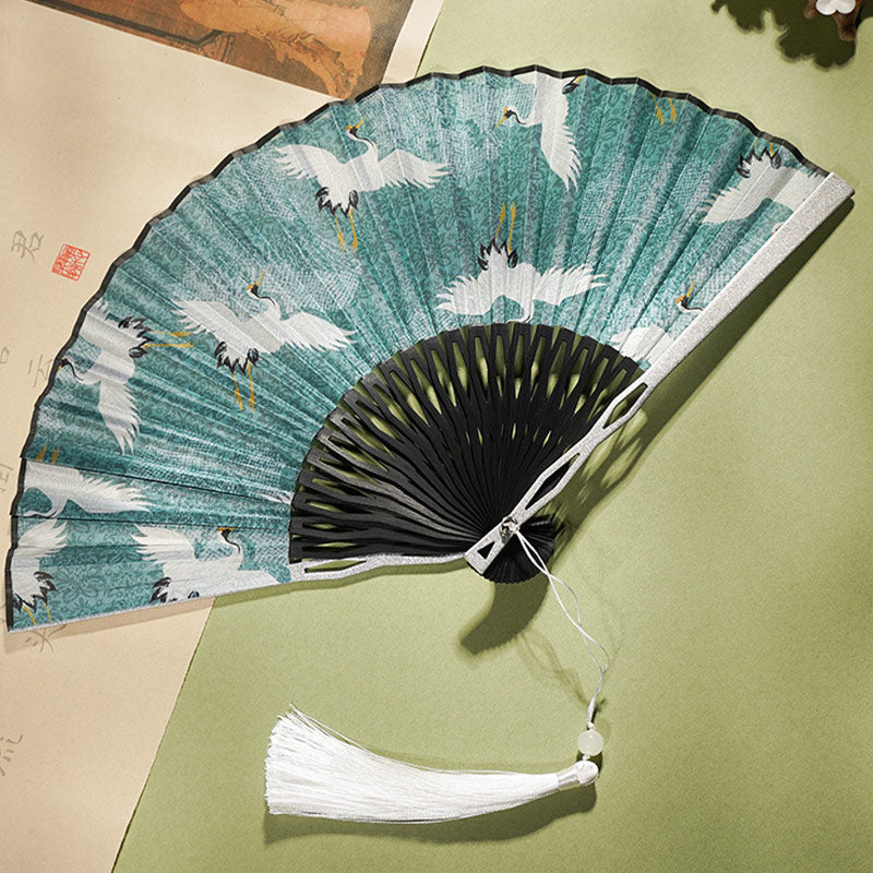 Chinesischer Handfächer Kranich Blau Weiß Seide