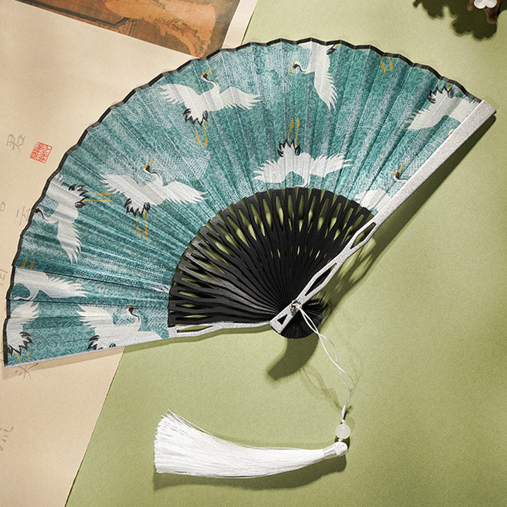 Chinesischer Handfächer Kranich Blau Weiß Seide