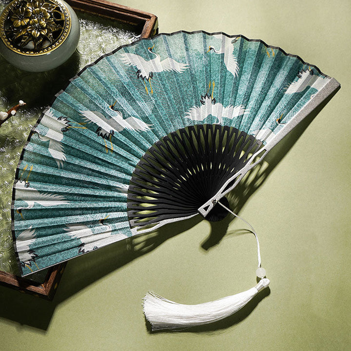 Chinesischer Handfächer Kranich Blau Weiß