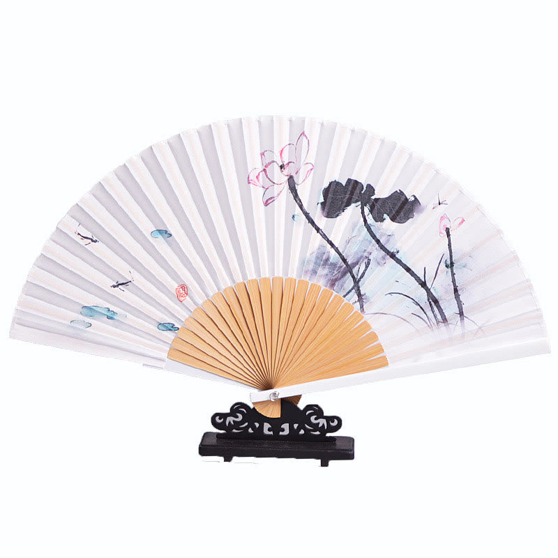 Chinesischer Handfächer Tuschmalerei Lotus Bambus