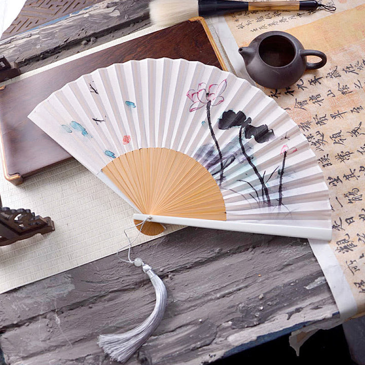 Chinesischer Handfächer Tuschmalerei Lotus Handarbeit