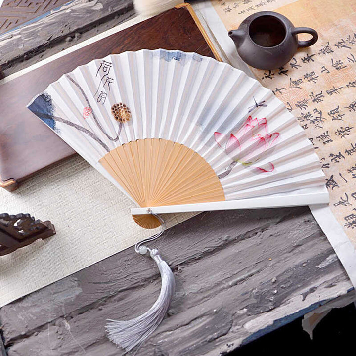 Chinesischer Handfächer Tuschmalerei Lotus Seide
