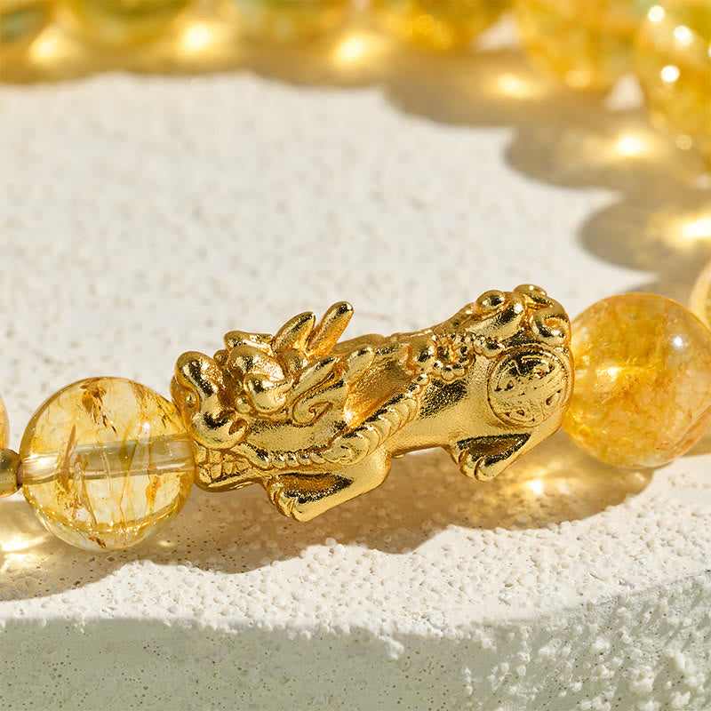 Armband Citrin Pixiu goldener Drache Fengshui Schutz Wohlstand Detailaufnahme