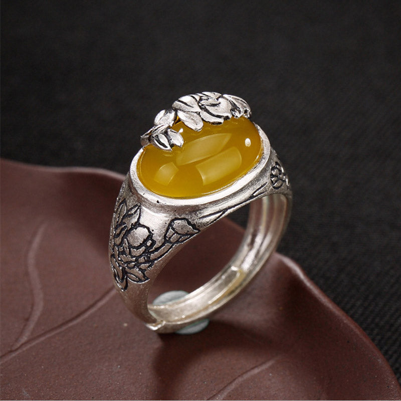 Silberring mit gelbem Citrin Lotus Stein Schutz Glück Fengshui Fingerring