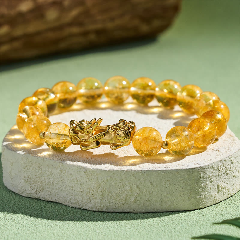 Armband Citrin Pixiu Schutz Wohlstand goldene Perlen Fengshui Steinsockel