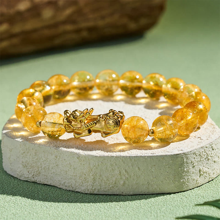 Armband Citrin Pixiu Schutz Wohlstand goldene Perlen Fengshui Steinsockel