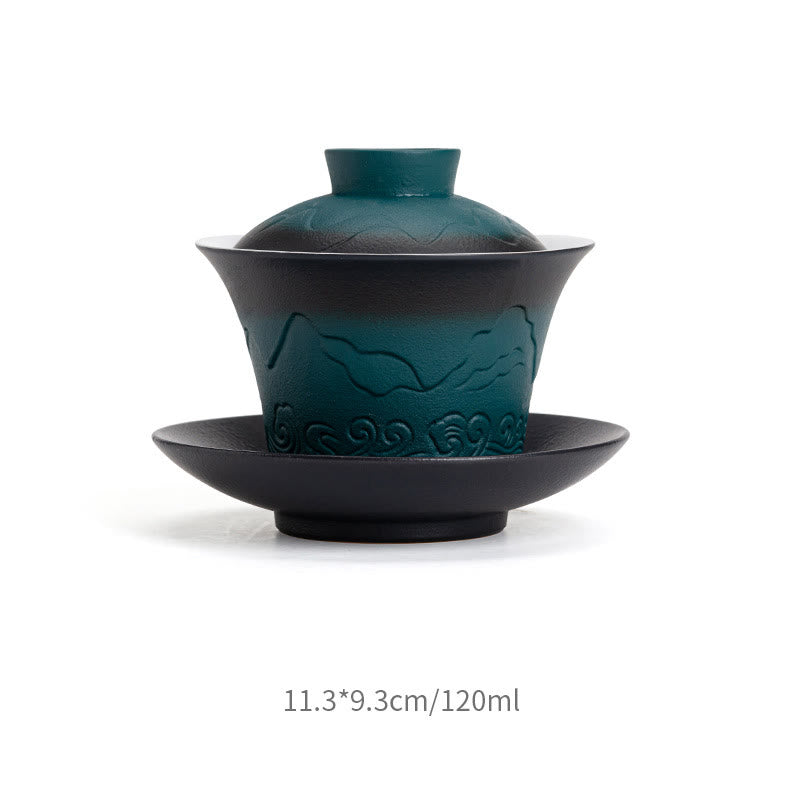 Teetassen Mit Untertassen Gaiwan Blau Wellen Schwarz-Grün Verlauf