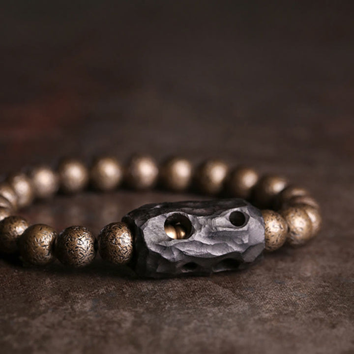Armband Kupfer Ebenholz mit Buddha Kopf Perlen Naturstein elegant