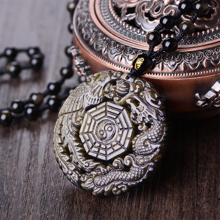 Goldener Drachen Anhänger Kette schwarze Obsidian Perlen Heilstein