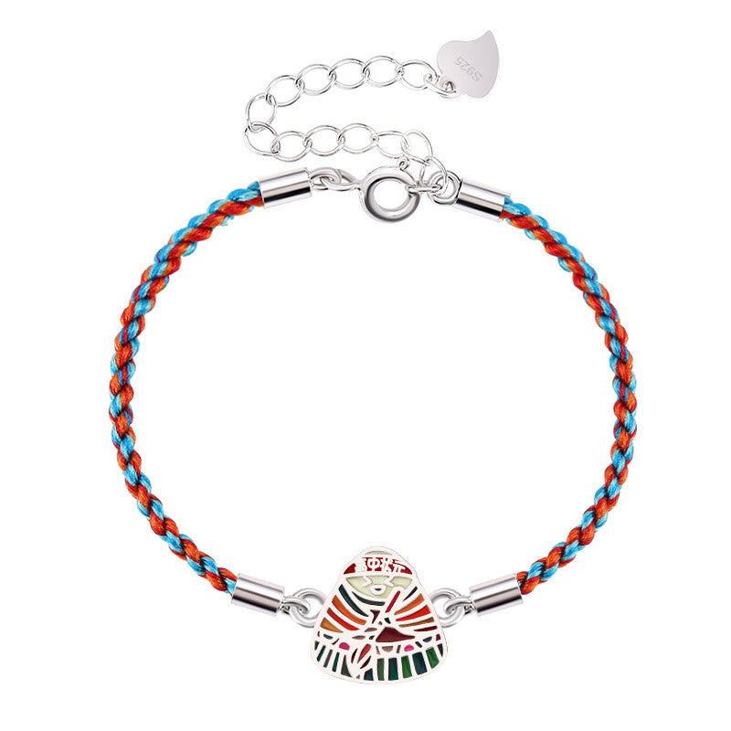 Geflochtenes Armband 925 Silber mit buntem Textilband und Engel-Anhänger.