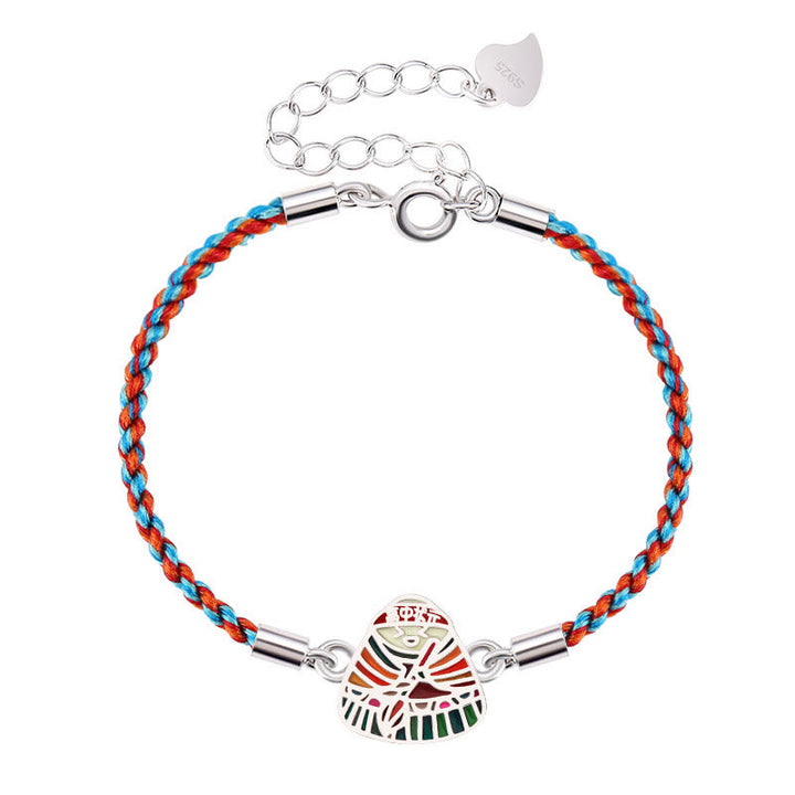 Geflochtenes Armband 925 Silber mit buntem Textilband und Engel-Anhänger.