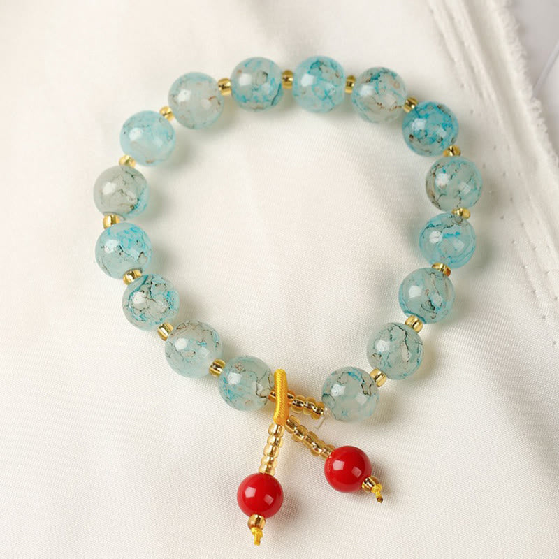 Armband – Harmonie & Segen hellblaue Achat Perlen rote Anhänger gold