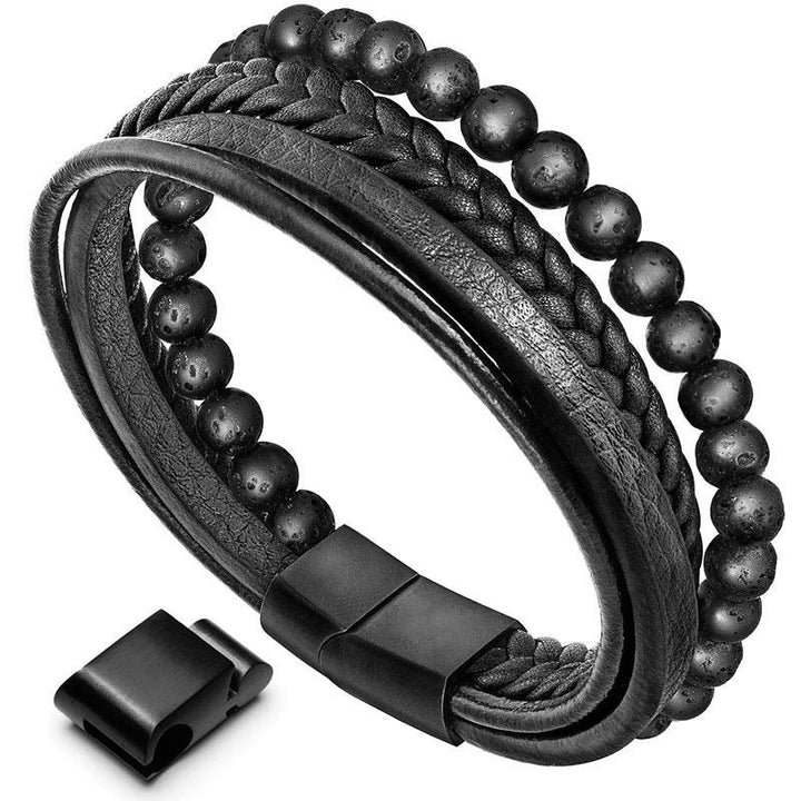 Armband Lava Stein Schwarz Onyx Leder