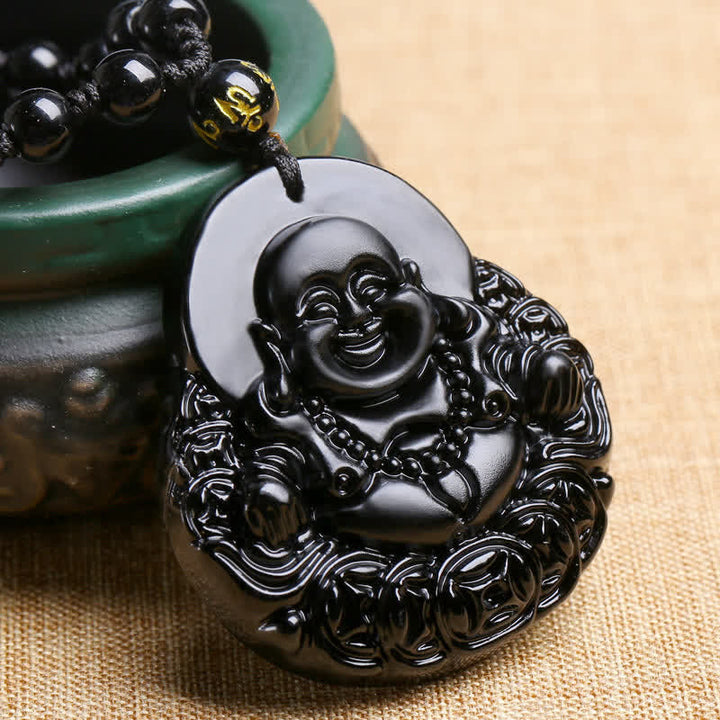 Anhänger Obsidian Lachender Buddha Wohlstand Schutz schwarzer Stein Anhänger