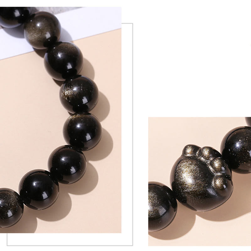 Schwarzes Obsidian Armband Silber Katze Wohlstand Naturstein elastisch