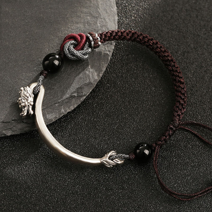 Armband 925 Silber Drachen mit schwarzem Obsidian Stein elegant.