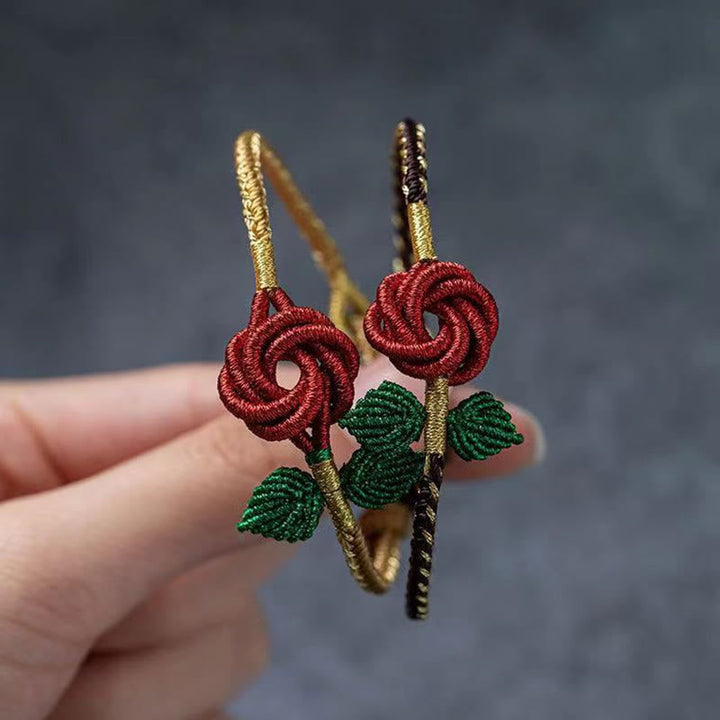 Armband – Glück & Frieden & Energie rote Blüten grüne Blätter goldene Kordel