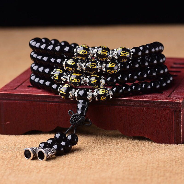 Mala Schwarzer Obsidian Schutz Mantra "6 Wahre Worte"