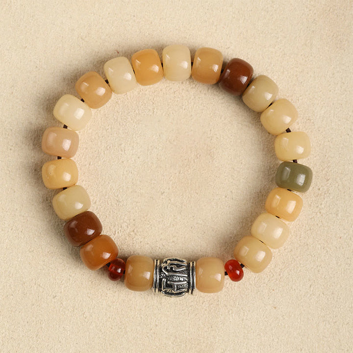 Bodhi Om Mani Padme Hum Armband mit Natursteinen und Silberverzierung elastisch.