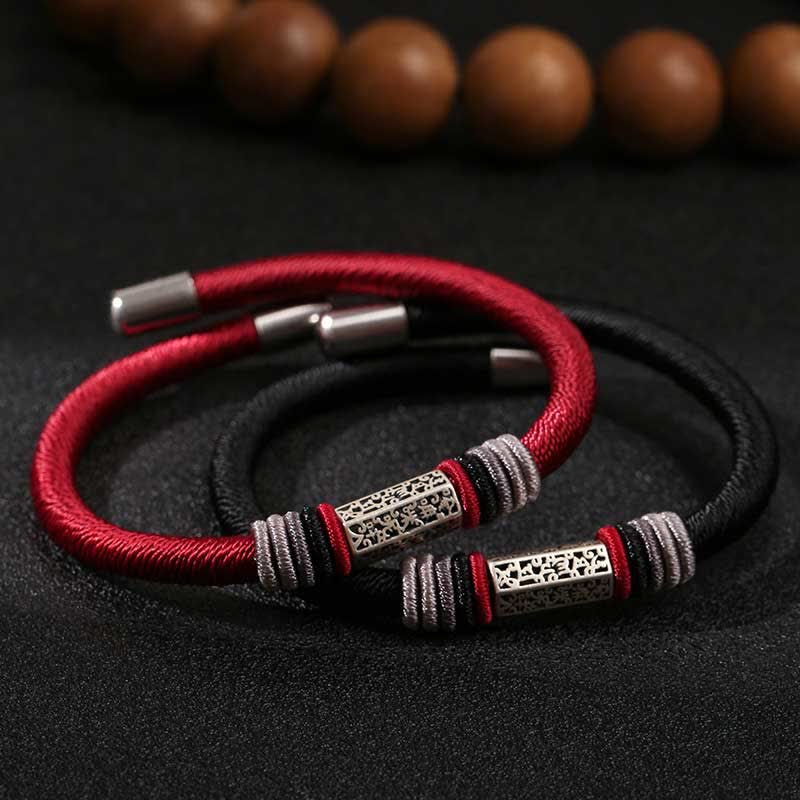 Rotes schwarzes Armband 925 Silber Om Mani Padme Hum Frieden Flachlage