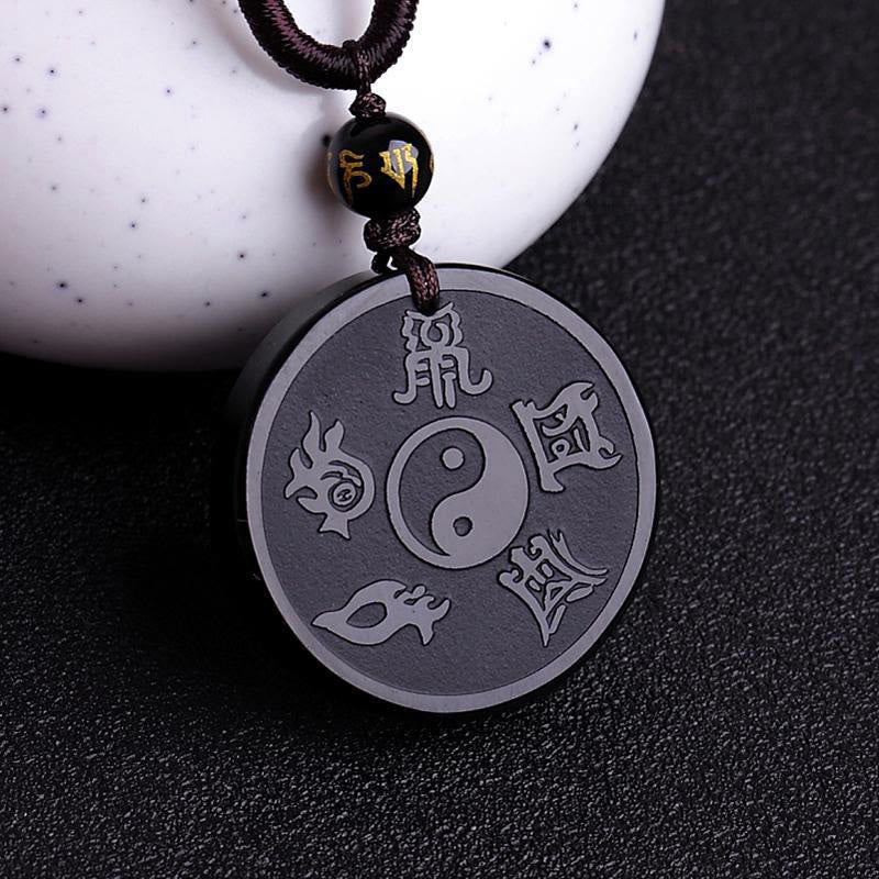 Obsidian Kette Yin Yang Neun-Zeichen Anhänger schwarz