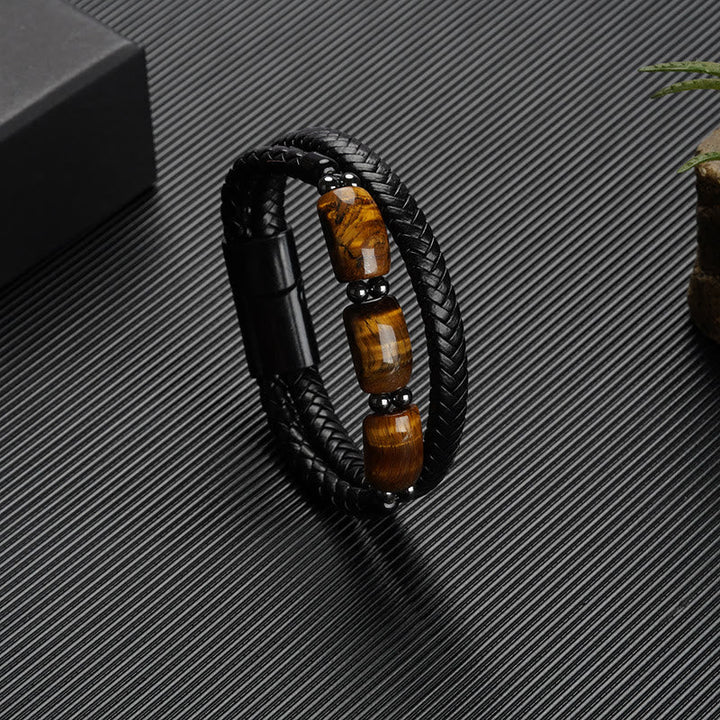 Schwarzes Lederarmband Tigerauge Magnetisch Perlen Schutz elegant