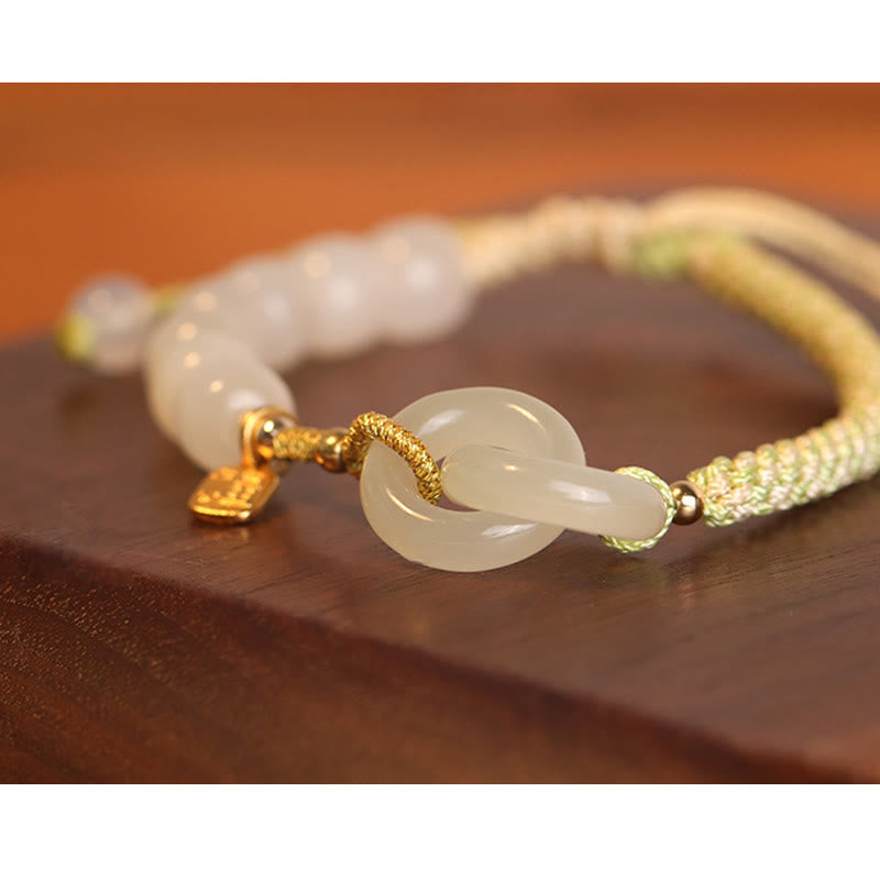 Jade Fu-Zeichen Armband elastisch getragen grünes Naturstein Frieden Fülle