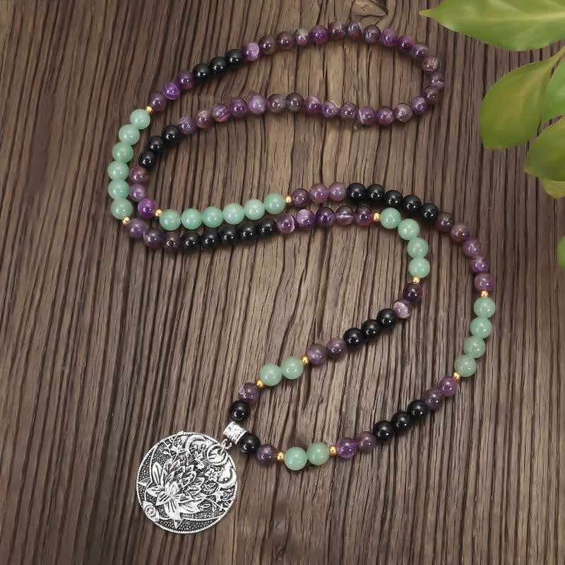 Armband Grüner Aventurin Amethyst Lotus Anhänger Naturstein Perlen elastisch.
