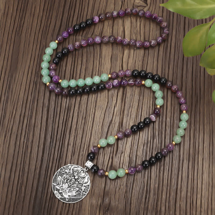 Armband Grüner Aventurin Amethyst Lotus Anhänger Naturstein Perlen elastisch.