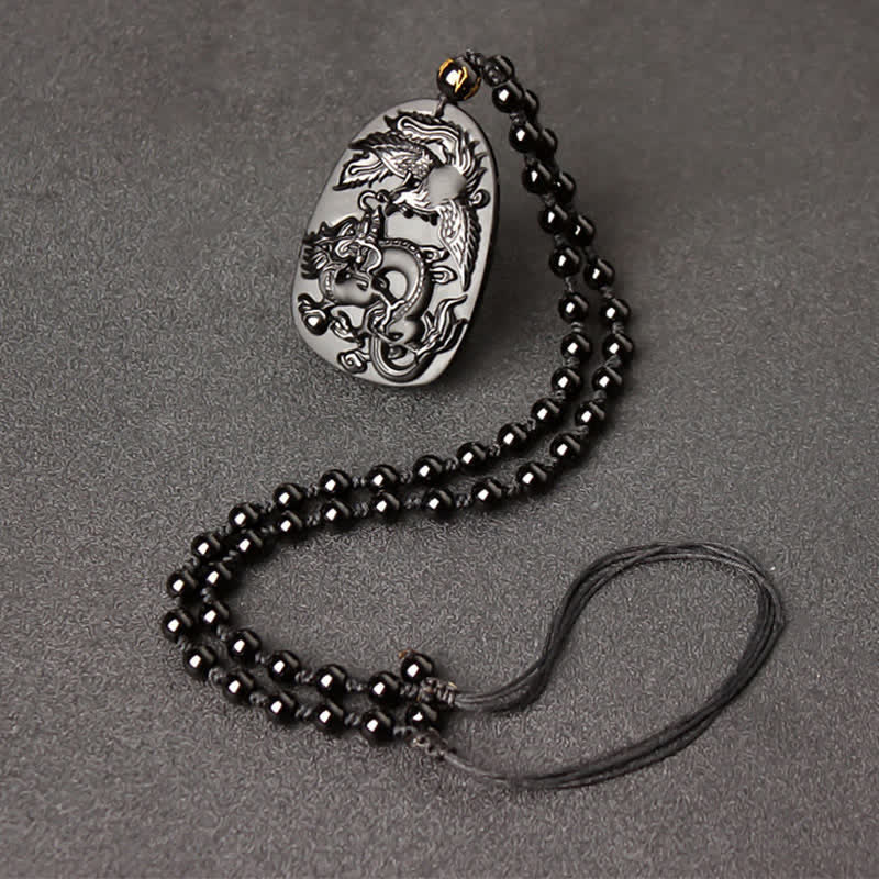 Obsidian Kette Phönix Drache Anhänger Schutz schwarz