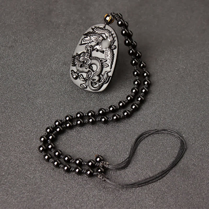 Obsidian Kette Phönix Drache Anhänger Schutz schwarz