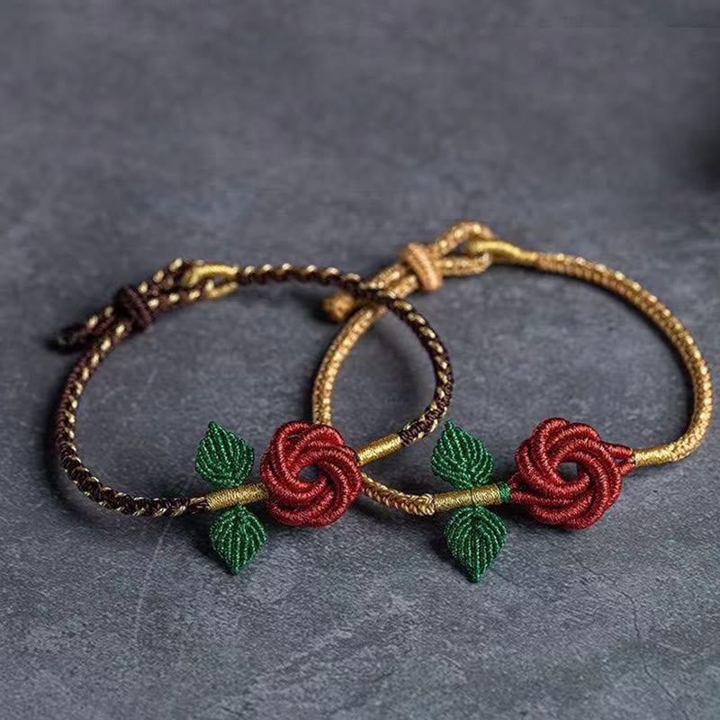 Armband – Glück & Frieden & Energie rote Blüten grüne Blätter goldenes Seil