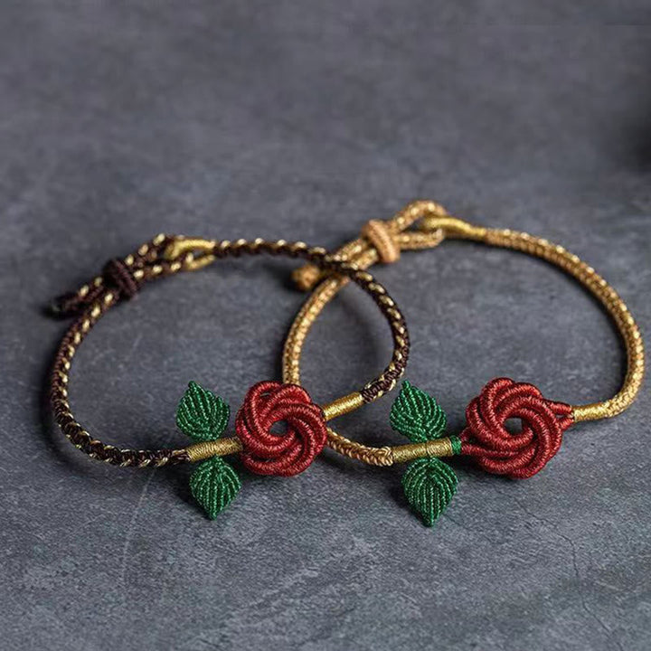Armband – Glück & Frieden & Energie rote Blüten grüne Blätter goldenes Seil