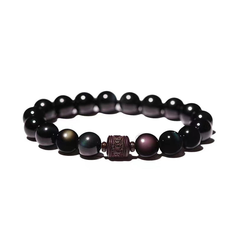 Schwarzes Obsidian Armband mit Om Mani Padme Hum Anhänger elastisch