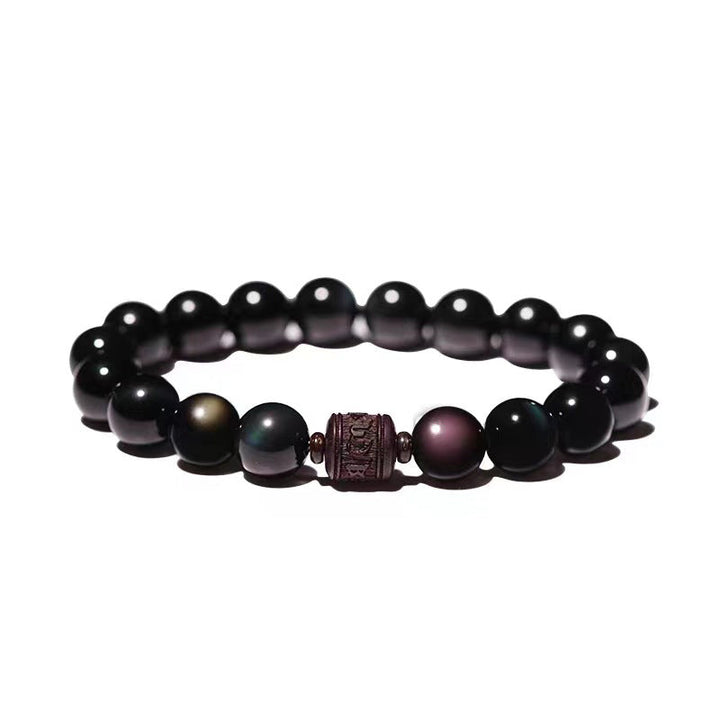 Schwarzes Obsidian Armband mit Om Mani Padme Hum Anhänger elastisch