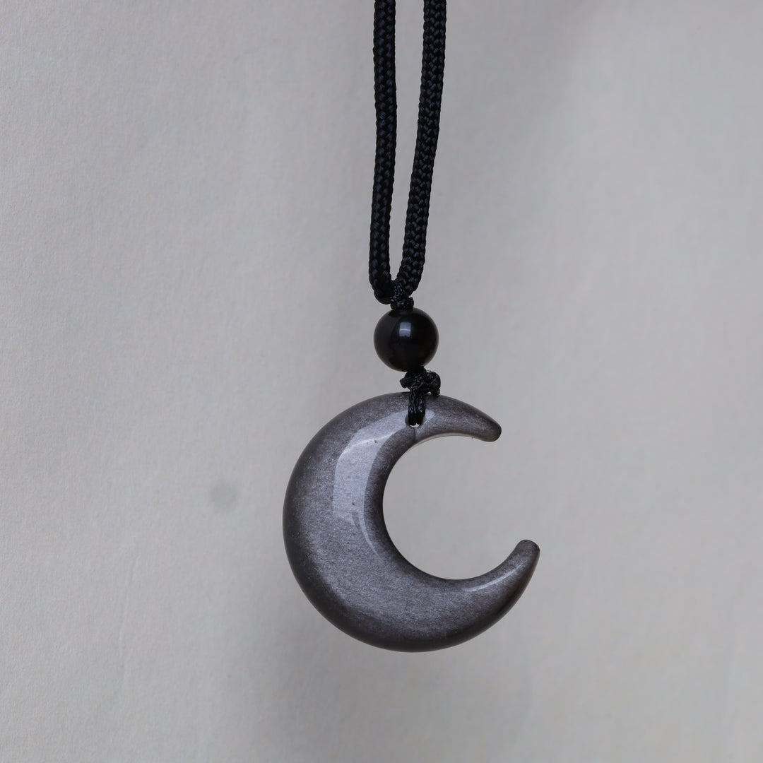 Silberglanz Obsidian Kette Mondsichel Anhänger Naturstein schwarz