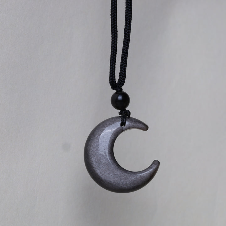 Silberglanz Obsidian Kette Mondsichel Anhänger Naturstein schwarz
