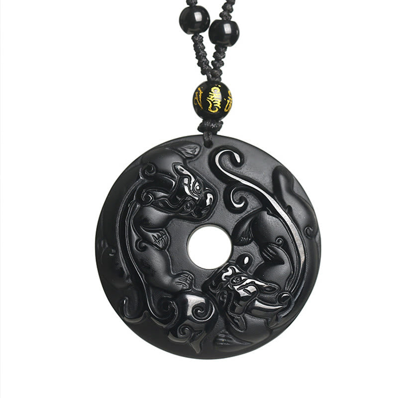 Kette schwarzer Obsidian Pixiu Anhänger weiß