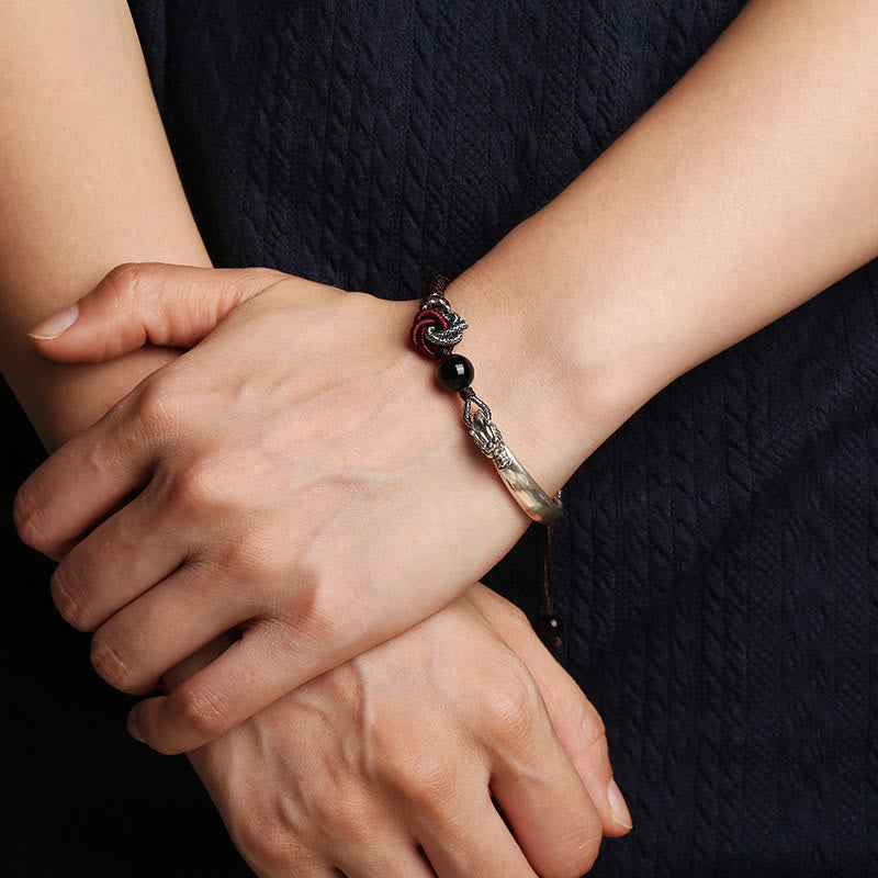 Armband 925 Silber Drachen Erfolg elegantes Handgelenk schwarzes Textil