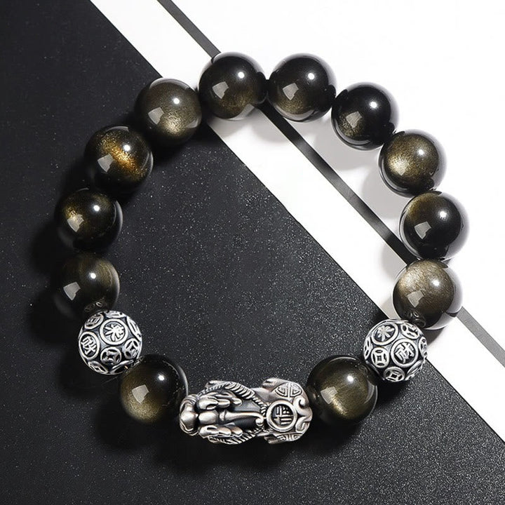 Obsidian Pixiu Armband 925 Silber mit goldenen Steinen Schutzamulett