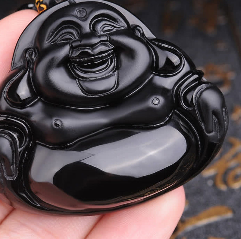 Anhänger Kette Obsidian Lachender Buddha schwarz Naturstein