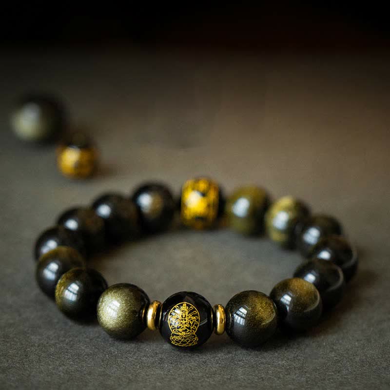 Obsidian Armband Chinesisches Tierkreis schwarze Perlen goldene Akzente Schutz Wohlstand