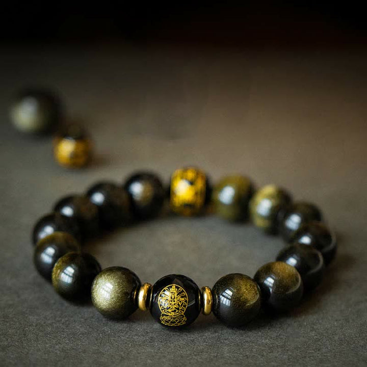 Obsidian Armband Chinesisches Tierkreis schwarze Perlen goldene Akzente Schutz Wohlstand